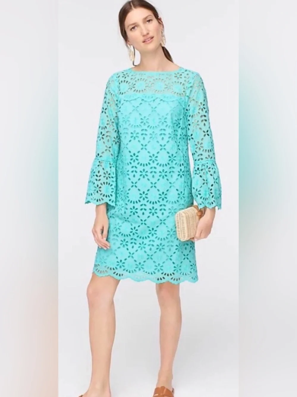 NWOT J crew Eyelet Midi Dress 3/4 length Bell Sleeve Teal Aqua Blue. Size 10.